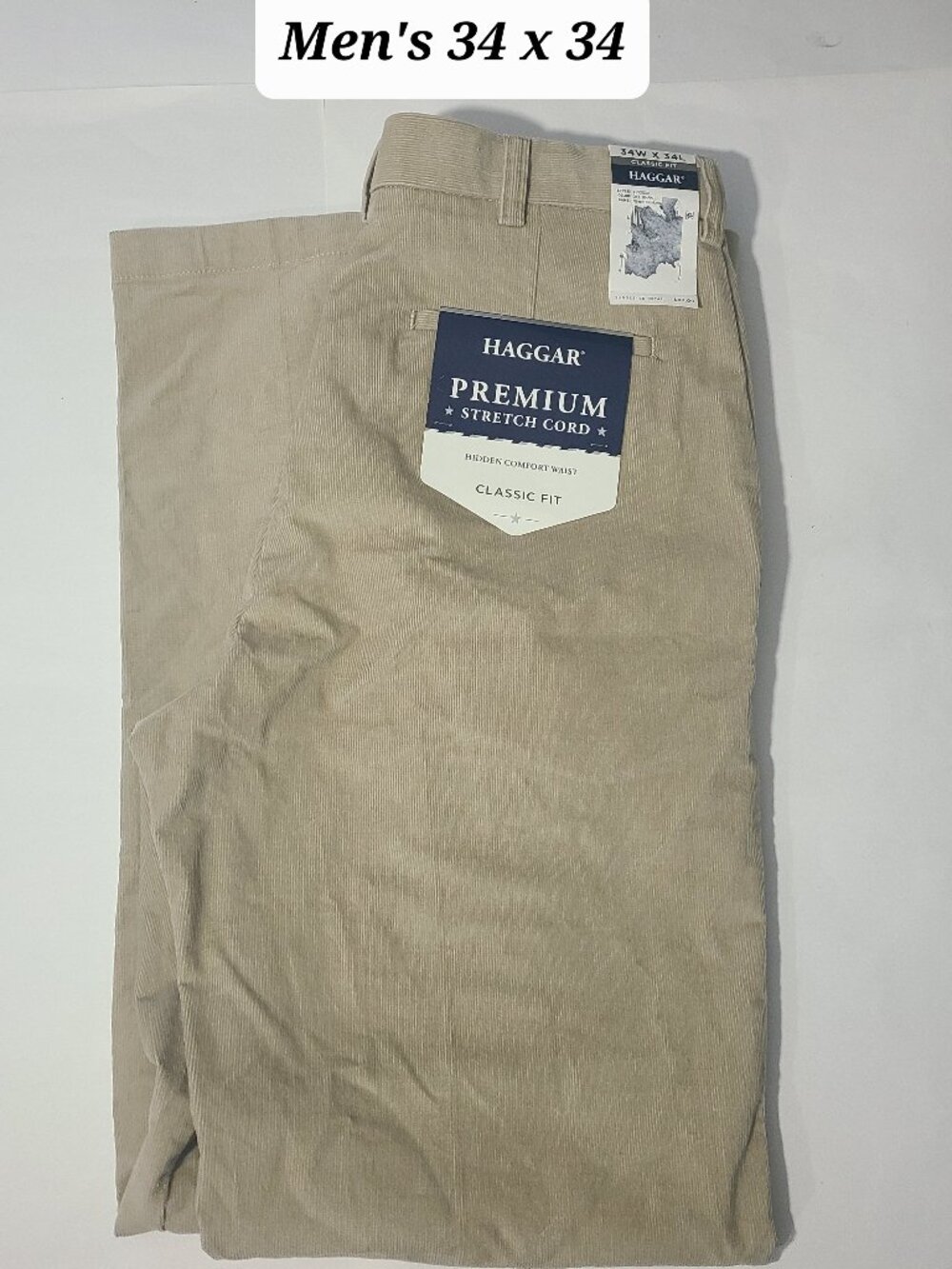 Haggar Premium Stretch Corduroy Khaki Men's Pants Size 34 x 34 NWT($80 Msrp)